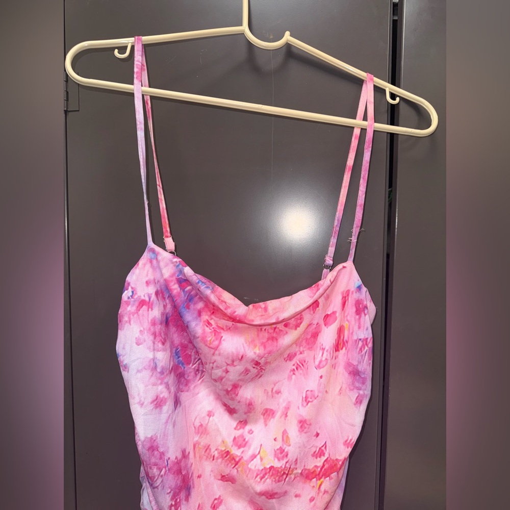 Side Split Thigh Ruched Print Mesh Bodycon Dress - Pink Size Large New w tags - Picture 10 of 12